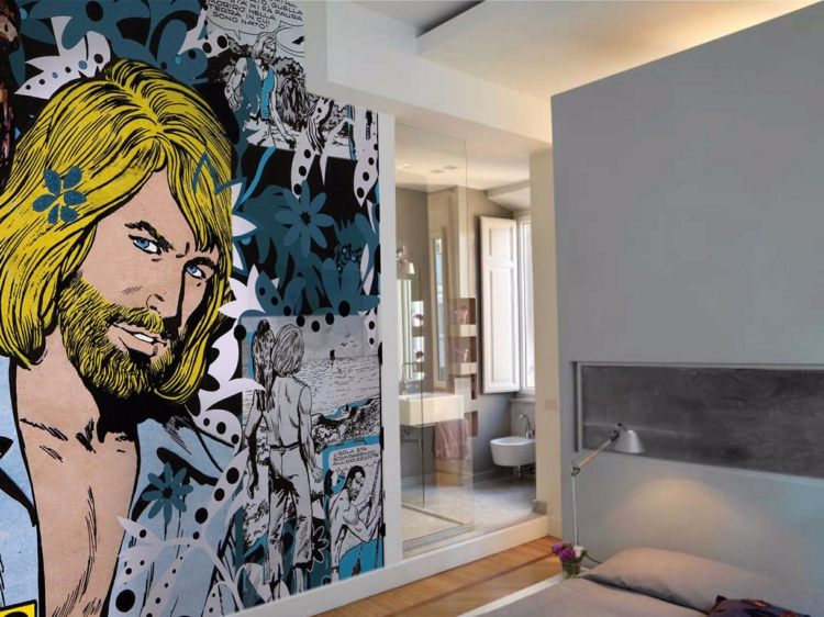 designer-wallpaper-bedroom-pop-art-comic-figure-yellow-blue-black-white-JONAS-Inkiostro-Bianco