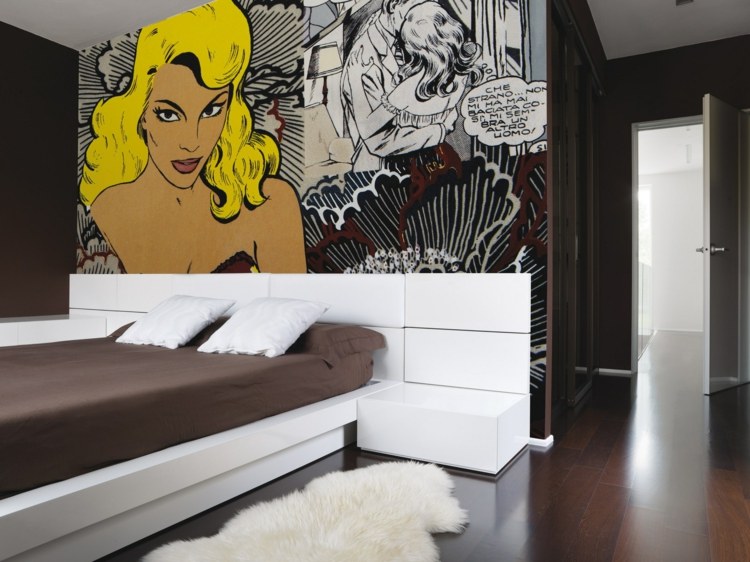 designer-wallpaper-bedroom-pop-art-comic-figure-yellow-brown-white-bed-NORMA-Inkiostro-Bianco