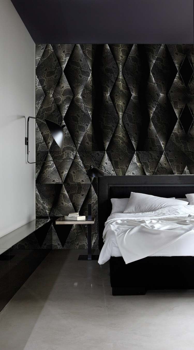designer-papel de parede-quarto-cobra-padrão-marrom-preto-cama-PYTHON-Inkiostro-Bianco