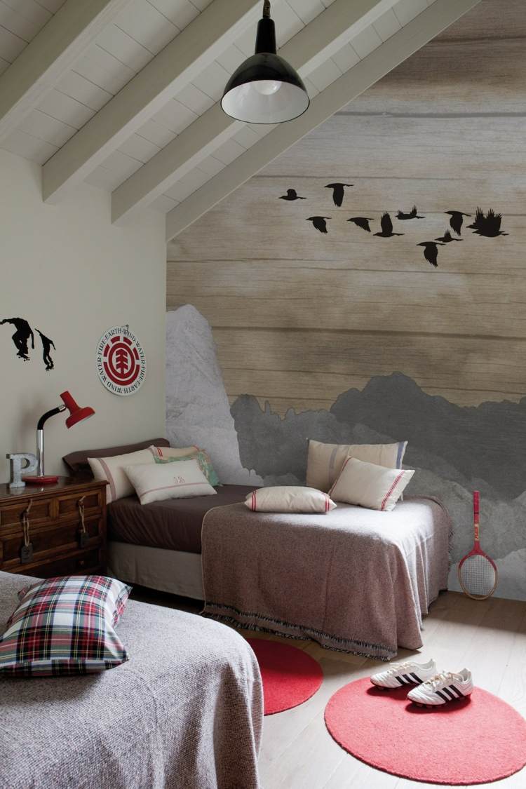 designer-papel de parede-quarto-quarto-jovem-pássaro-motivo-madeira-olhar-cama-marrom-PEAKS-Inkiostro-Bianco