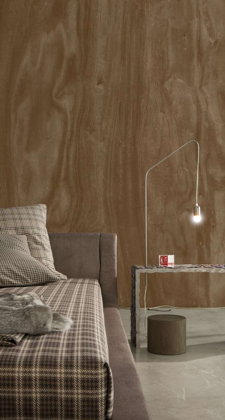 designer-papel de parede-quarto-madeira-aparência-marrom-estofado cama-cama xadrez-linho-OKUMÈ-Inkiostro-Bianco