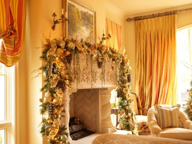 decoração de natal ideias elegante guirlanda lareira ouro amarelo exuberante