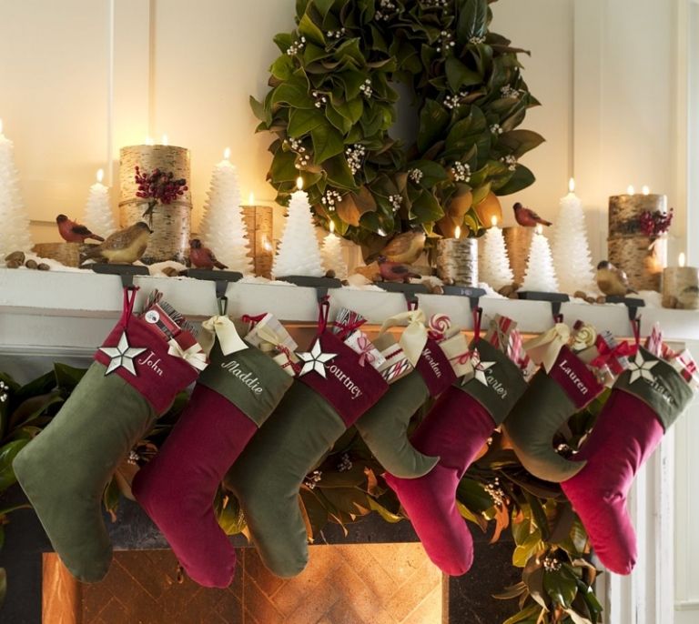 Natal decoração ideias meias vermelho verde grinalda lareira velas forma de árvore de abeto