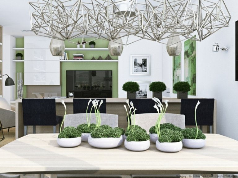 planta de interior decoração taças lírios destaque mesa de jantar cozinha verde hortelã