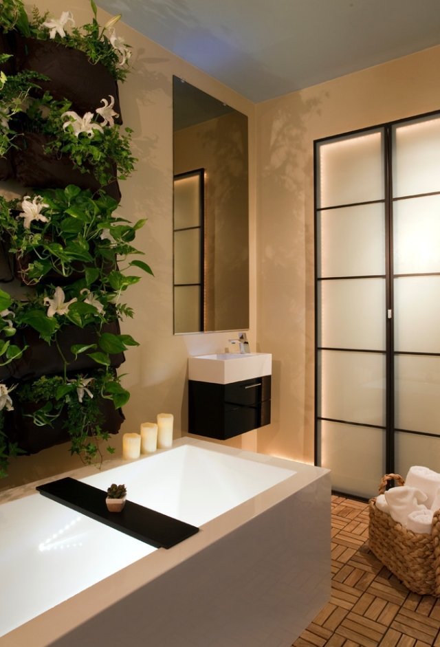 Plantas de interior decoração parede banheiro spa ambiente banheira