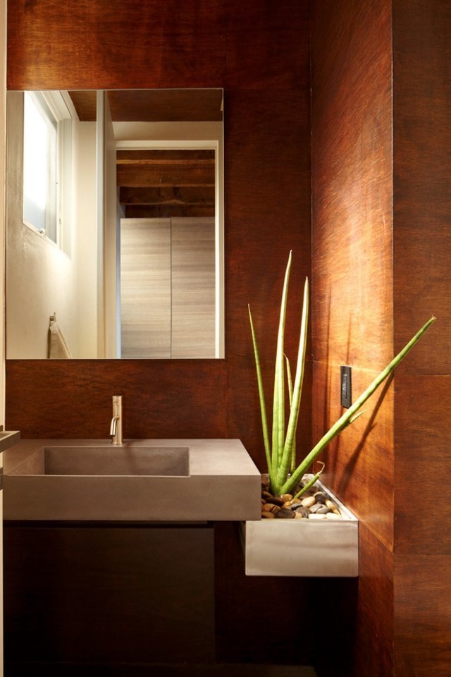Idéias de decoração de plantas de interior banheiro pedras de cascalho piso de lavatório ladrilhos ótica de madeira