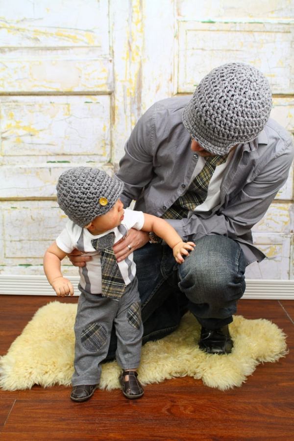calcinha de estilo elegante para pais e filhos de malha de chapéu cinza com babador
