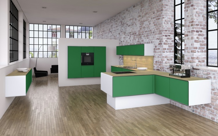 cozinhas modernas verde-branco-parede de tijolos design-loft