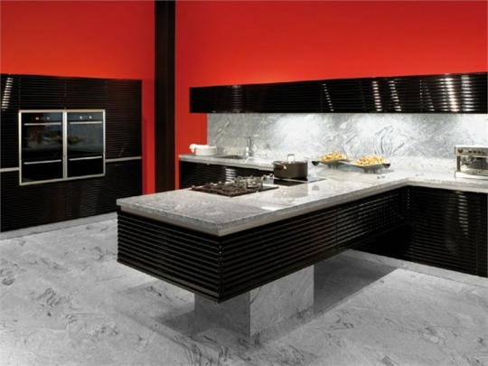 impressionante-vermelho-cozinha-piso de mármore