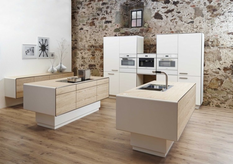 cozinhas modernas com parede de pedra-bege-madeira-minimalista
