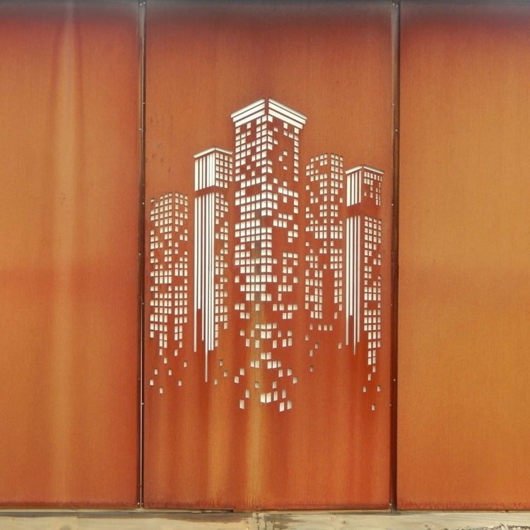 Tenha motivos individuais cortados com um laser - arranha-céus legais em um painel