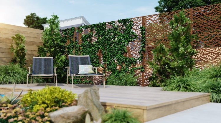Tela de privacidade de aço Corten cortada a laser como auxílio para escalar plantas
