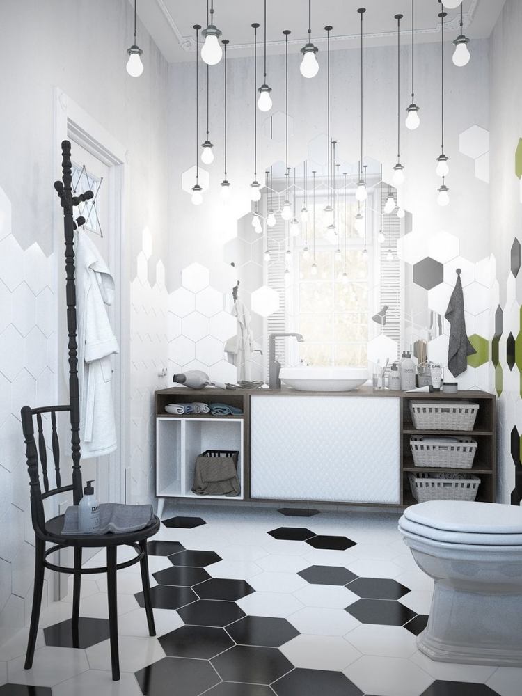 moderno-azulejo-banheiro-branco-preto-abajur hexagonal