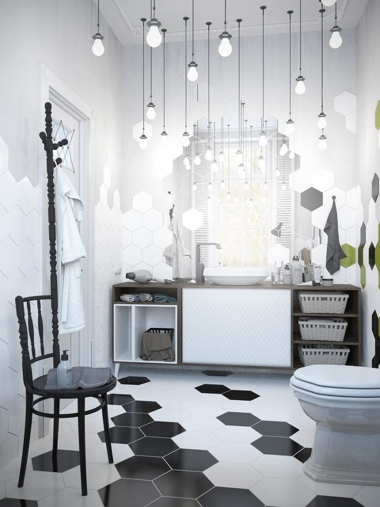 moderno-azulejo-banheiro-branco-preto-abajur hexagonal