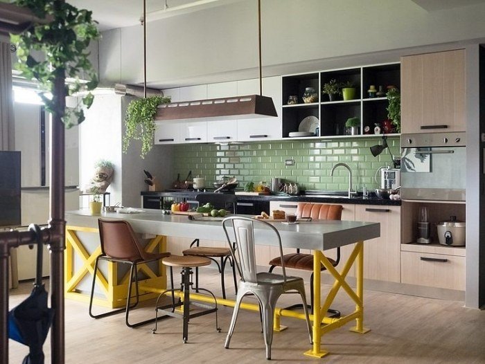 industrial-chic-kitchen-worktable-yellow-scaffolding-kitchen back-wall-green-tiles