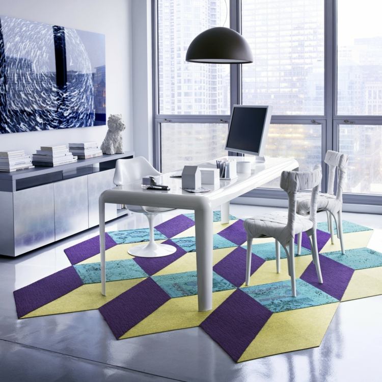 tapete patchwork cubo moderno ótica 3d roxo azul amarelo cômoda de escritório