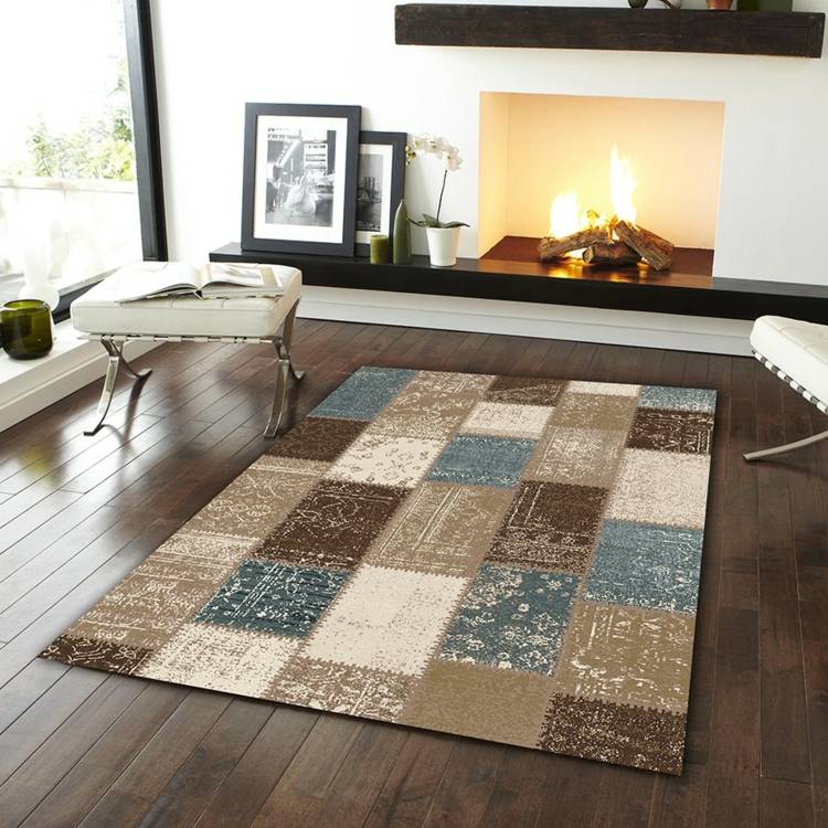 patchwork carpete bege azul parquet lareira móveis de sala de estar