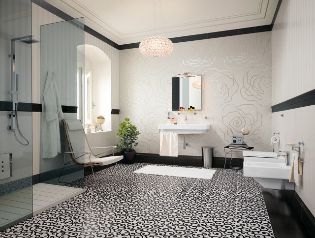 Efeitos gráficos-padrão de parede-flor-piso de azulejos-suíte-preto-branco