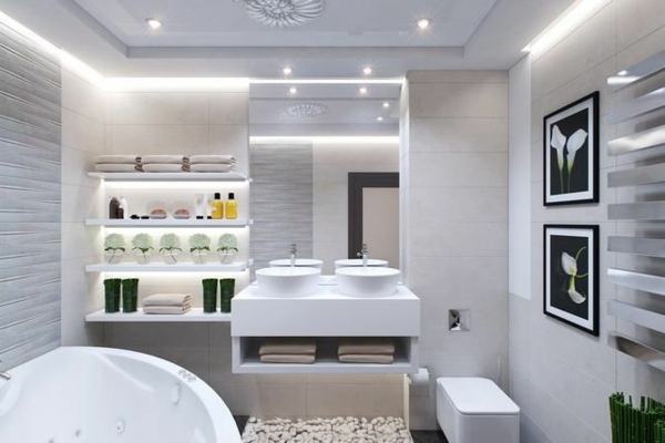 idéias brilhantes de decoração de banheiro pedras de rio móveis de banheiro brancos