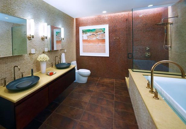 Ladrilho de banheiro de design de móveis de madeira amarela natural