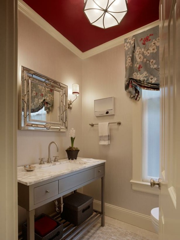 Gabinete de tampo de mármore com tampo de toucador, base de madeira, teto vermelho