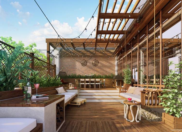 terraço-ideias-luxo-villa-lâmpadas de madeira-decks-roofing