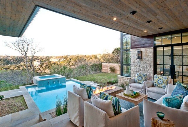 terraço ideias piscina água com lareira móveis de cor crua