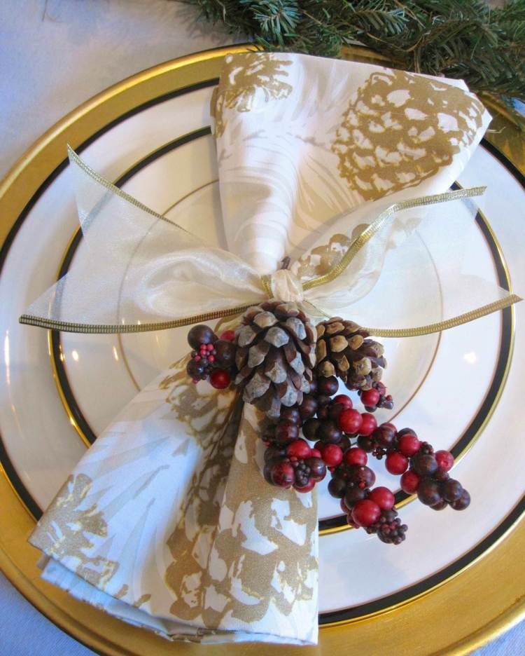 Natal decoração ideias guardanapo ouro branco guardanapo pinha