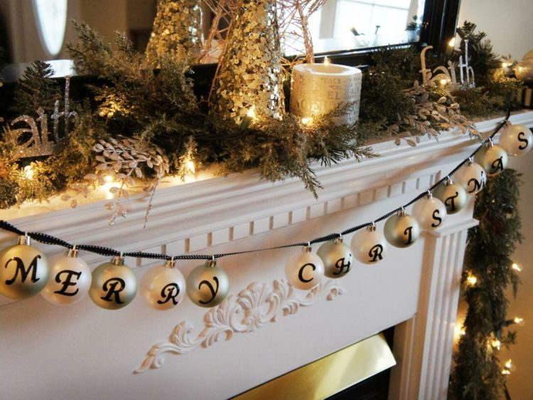 ideias decoração de natal guirlanda bolas de ouro projeto da lareira
