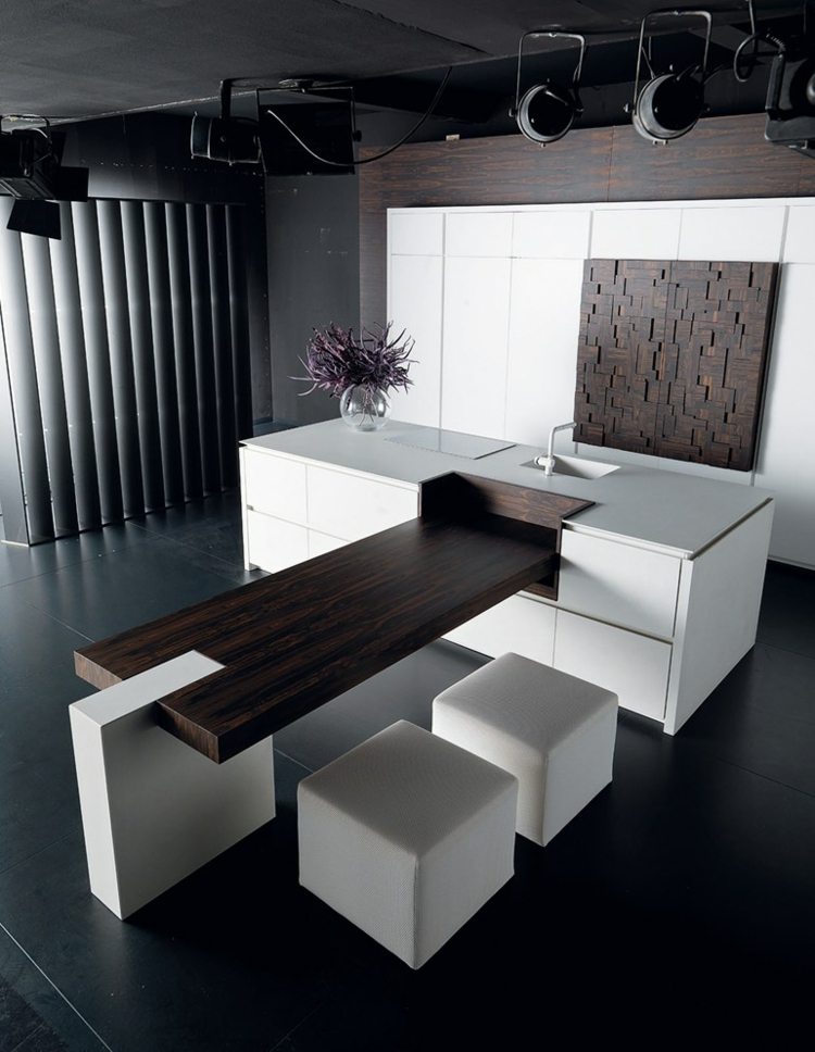 cozinhas modernas equipadas, frentes de laca branca, madeira, castanho escuro, mesa de jantar