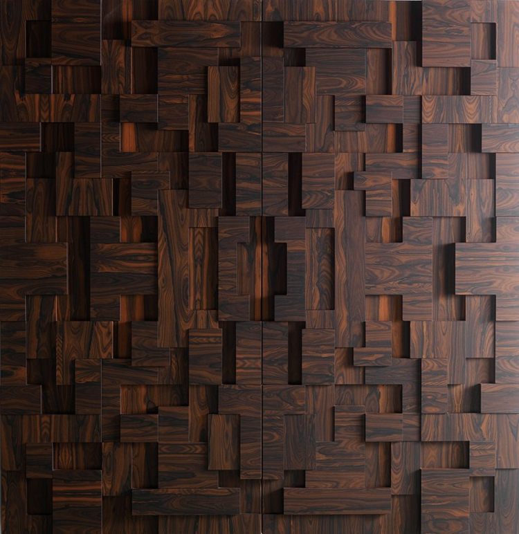 cozinhas modernas equipadas marrom escuro natural frentes de gabinete de madeira natural 3D óptica design de quebra-cabeça