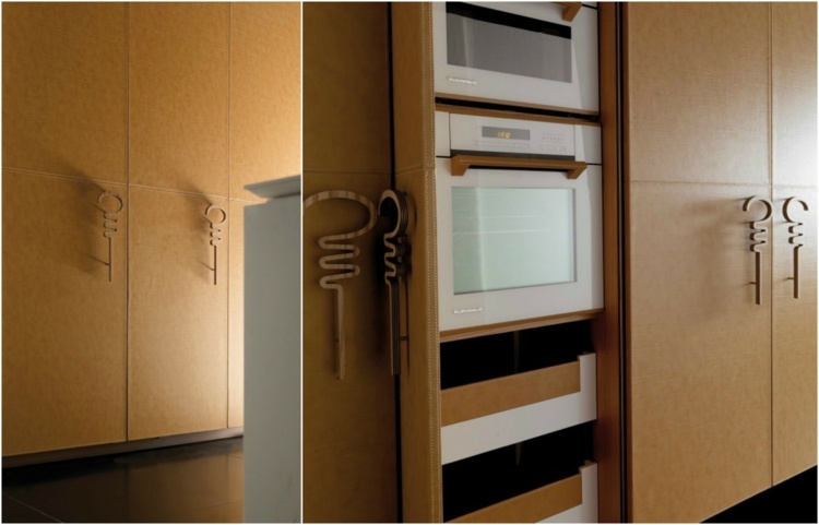 cozinha moderna equipada-couro-frentes-altos armários-designer-armário-alças-forno de microondas-gavetas
