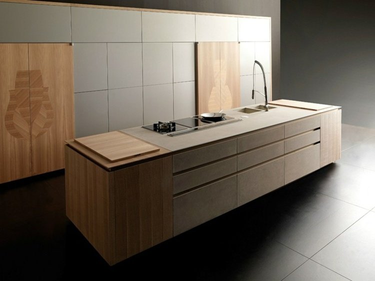 cozinhas modernas embutidas-finas-frentes-concreto-frentes-cozinha-sem-mão-ilha-bancada-fogão-vidro-pias de cerâmica