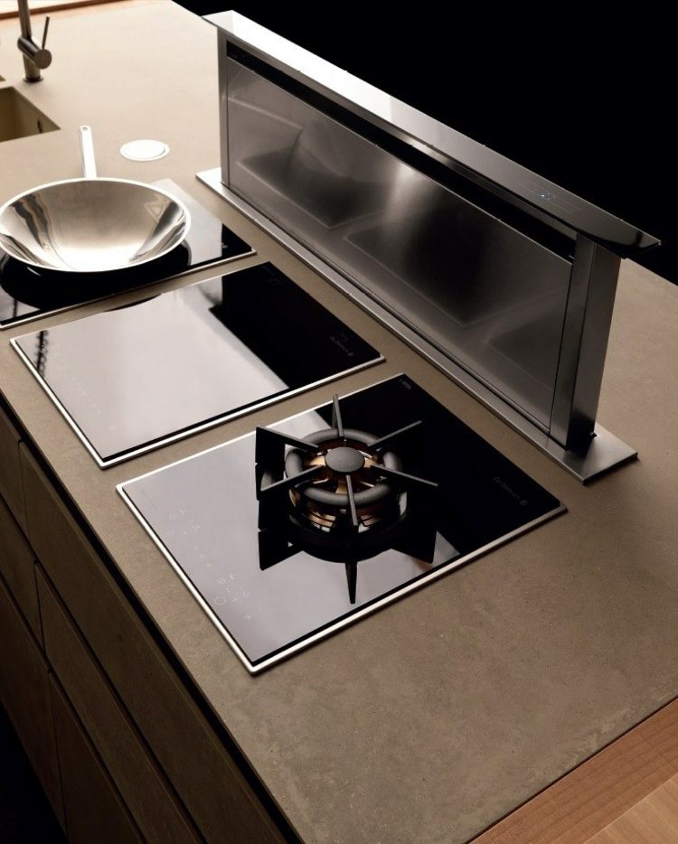 cozinha moderna embutida -multa-concreto-frentes-madeira-hotplates-gas-wok-extrator-capô-extensível-wok pan