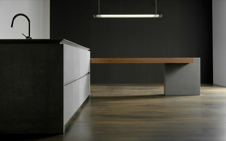 cozinha-moderna-embutida-cozinha-fina-concreto-madeira-frentes-cozinha-ilha-mesa-de-jantar-iluminação