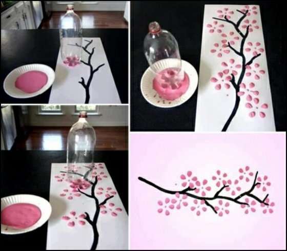 rosa-pontos-árvore-folhas-corte-garrafa de plástico