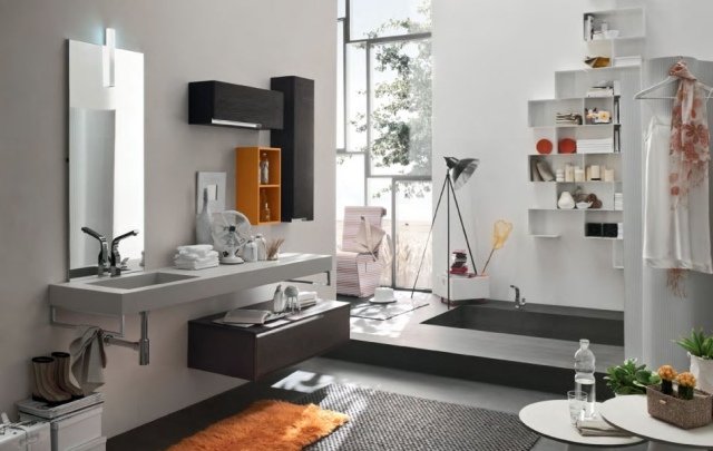 ideias de interiores de banheiro DENTRO de móveis de banheiro prateleiras laranja-marrom