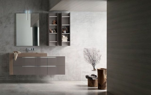 idéias de interiores de banheiro DENTRO-móveis de banheiro-alto brilho-marrom-cinza-prateleiras de lavatório