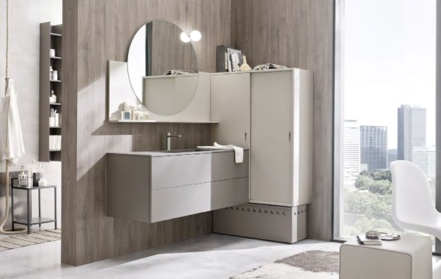 mobiliário de casa de banho moderno START-bege-taupe-armários-espelho redondo