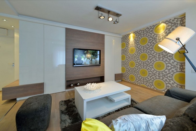 ideias de móveis modernos sala de estar-parede-unidade-madeira-alto brilho-branco-amarelo-papel de parede