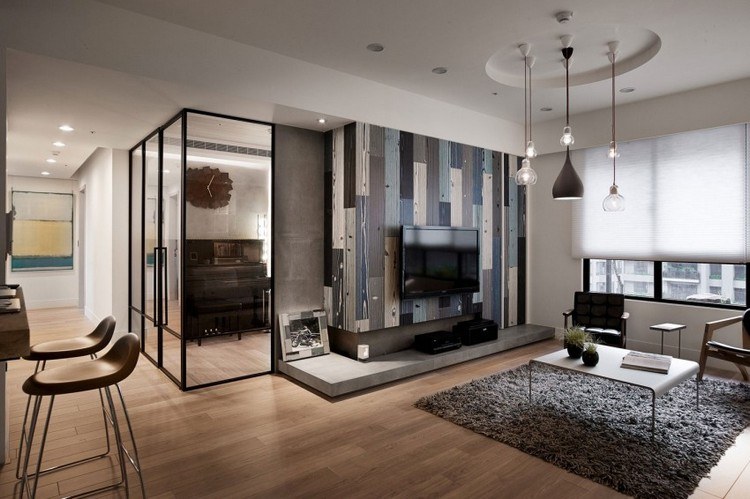 ideias de móveis modernos sala de estar - painéis de parede - madeira óptica - tons de azul-cinza