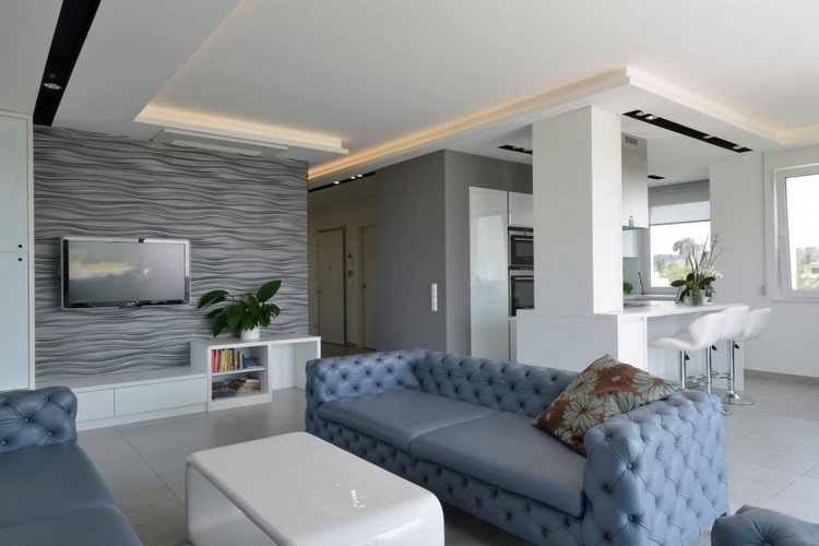Ideias de móveis modernos - sala de estar-cinza-3d-parede-painéis-ondas-indireta-iluminação de teto