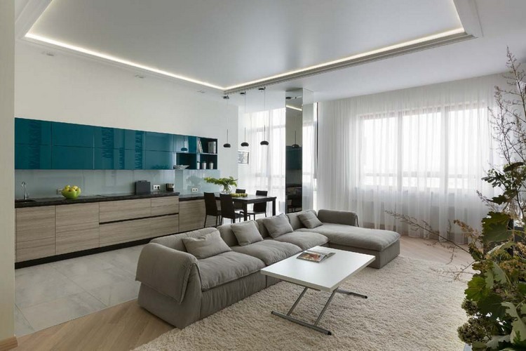 Ideias de móveis modernos sala de estar-indireto-iluminação de teto-azul-cozinha