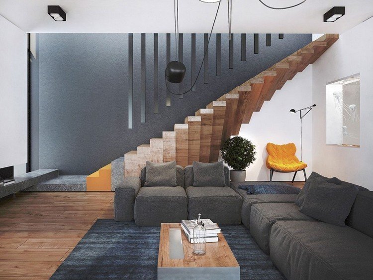 idéias de móveis modernos sala de estar-cinza-escadas-design-madeira