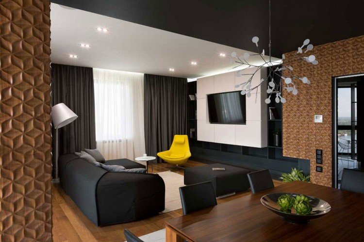 idéias-móveis-modernos-sala-de-estar-preto-branco-3d-painéis de parede-aparência de madeira