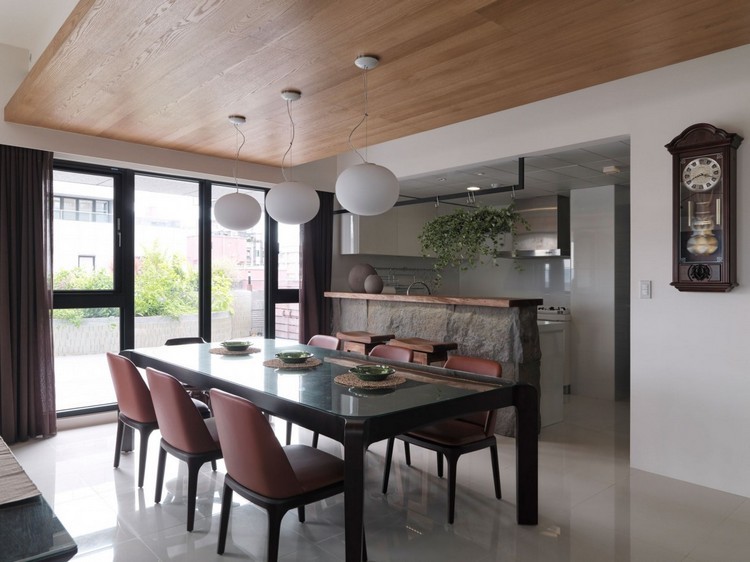 idéias de decoração-moderna-cozinha-sala de jantar-balcão-pedra natural-revestimento de madeira