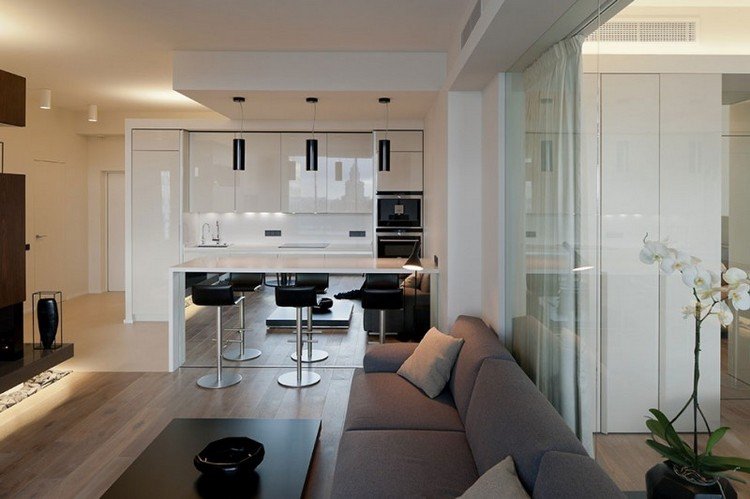 idéias de decoração-cozinha-moderna-branco-alto-brilho-bar-espelho