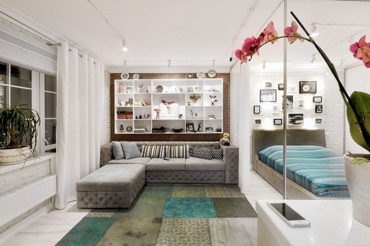 ideias-móveis-modernos-sala-quarto-apartamento de um cômodo-cortinas de parede de vidro