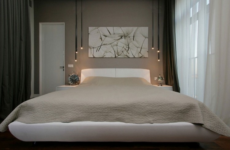 idéias-móveis-modernas-quarto-cinza-parede-cor-branco-cama-estofada-luzes suspensas-minimalistas