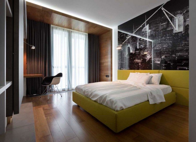 ideias-móveis-modernos-quarto-amarelo-cama-estofada-foto-parede-vida-cidade-luz-led indireta
